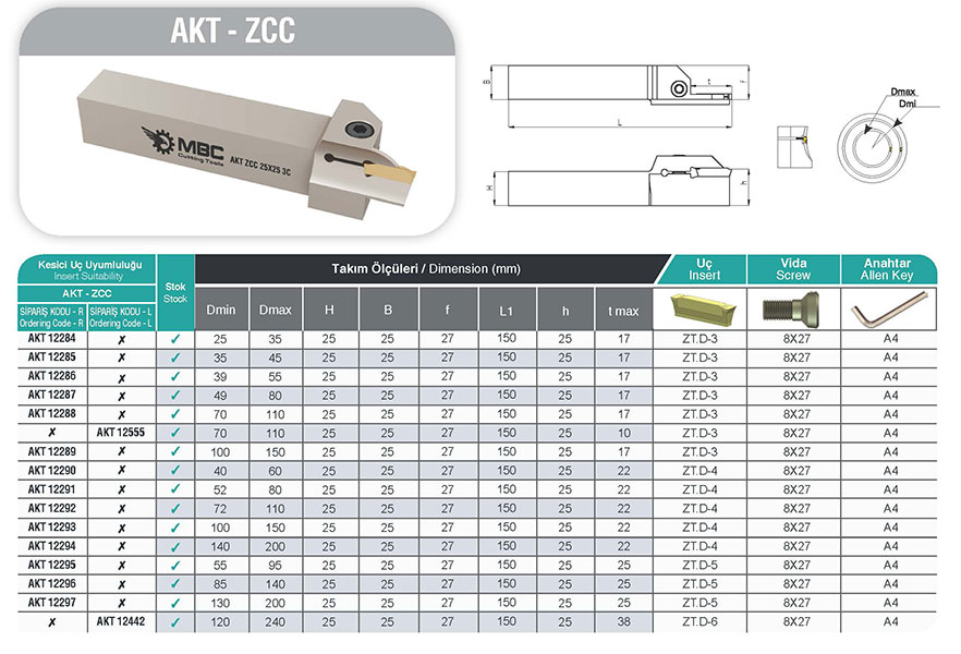 MBC AKT ZCC İç Çap Kanal Kateri (ZCC Uç Uyumlu - CNC Delik İçi Kanal Kalemi)